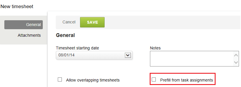 New timsheet form showing the "Prefill from task assignments" custom check box.