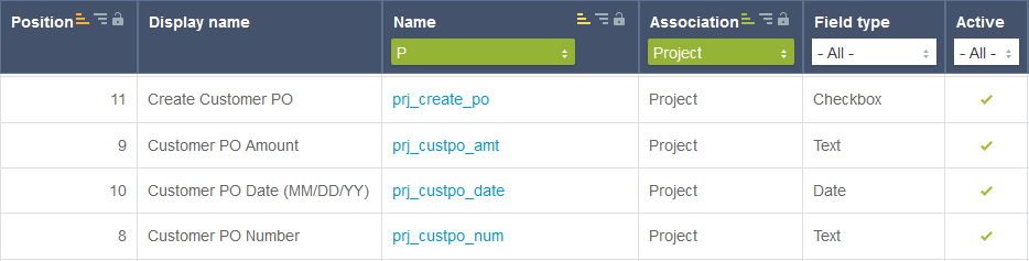 Custom field list showing the Quick Customer PO custom fields.