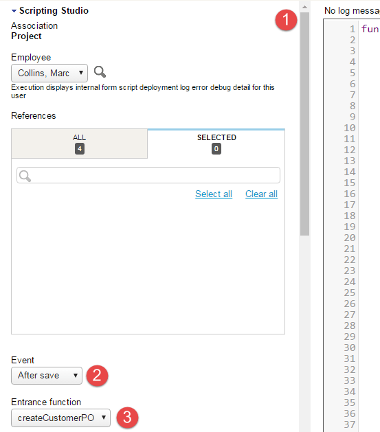 Scripting Studio tools and settings panel showing the form association, the user event association and the selected entrance function.