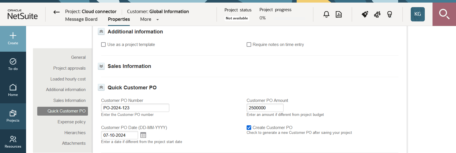 Custom "Quick Customer PO" section on the Project entity form.