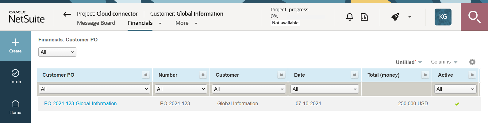 Customer PO list for a project showing the entry created by the form script.