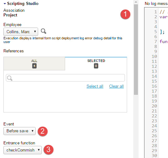 Scripting Studio tools and settings panel showing the form association, the user event association and the selected entrance function.