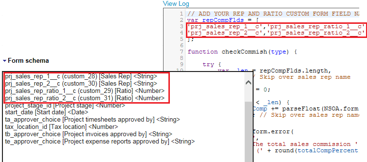 Scripting Studio form schema explorer listing the commission custom fields.