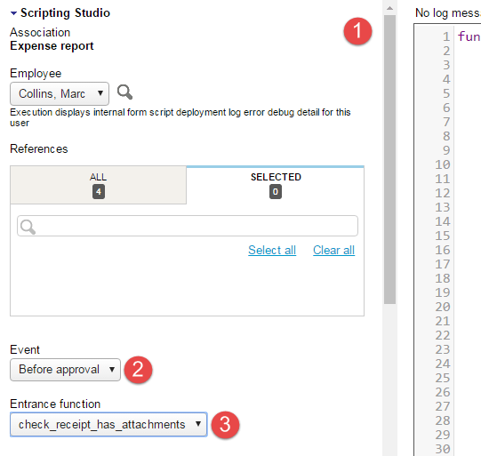 Scripting Studio tools and settings panel showing the form association, the user event association and the selected entrance function.