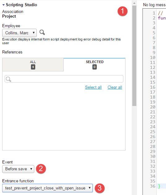Scripting Studio tools and settings panel showing the form association, the user event association and the selected entrance function.