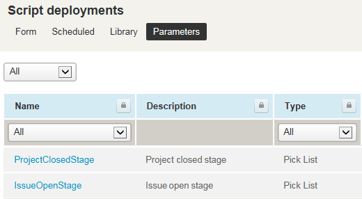 Parameters list in the Scripting Center.