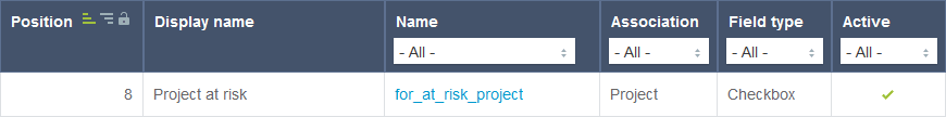 Custom field list showing the project at risk custom field.
