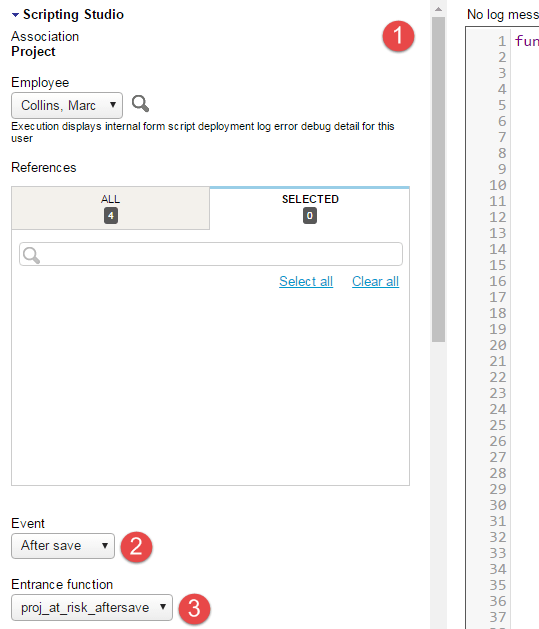 Scripting Studio tools and settings panel showing the form association, the user event association and the selected entrance function.