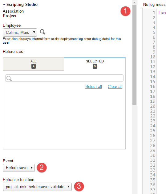 Scripting Studio tools and settings panel showing the form association, the user event association and the selected entrance function.