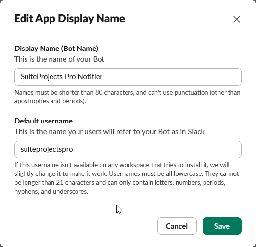 Bot User popup window in Slack.
