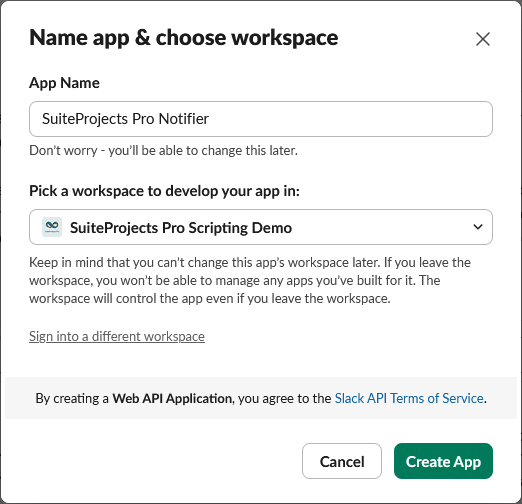 Create a Slack App popup window in Slack.