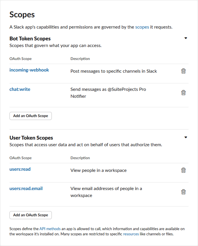 Scopes pop up window in Slack.
