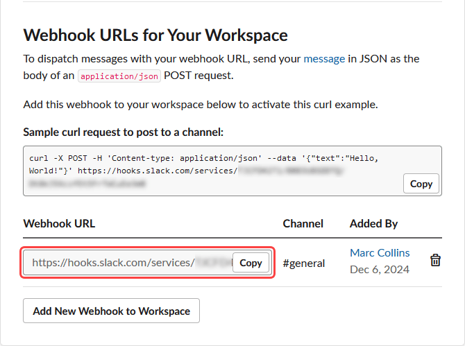 Incoming Webhooks settings in Slack.