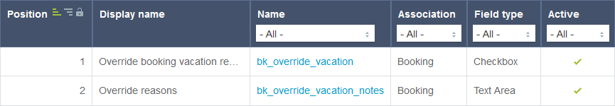 Custom field list showing the vacation override custom fields.