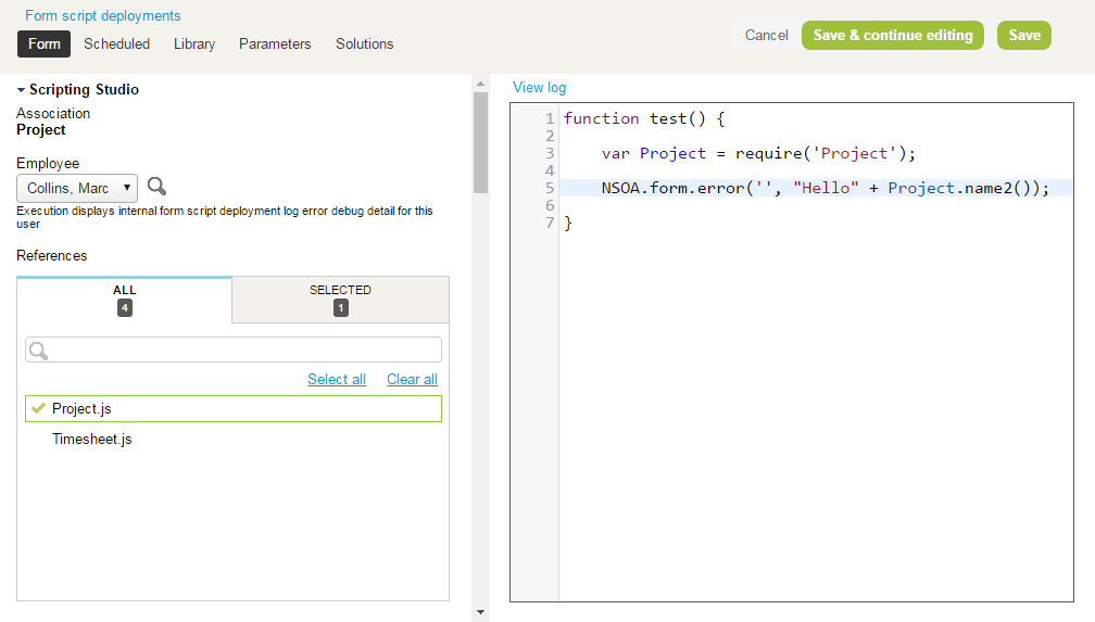 Scripting Studio showing an example of form script referencing a library script.