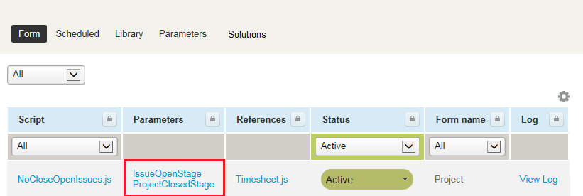 Form Script deployments list showing the Parameters Column.