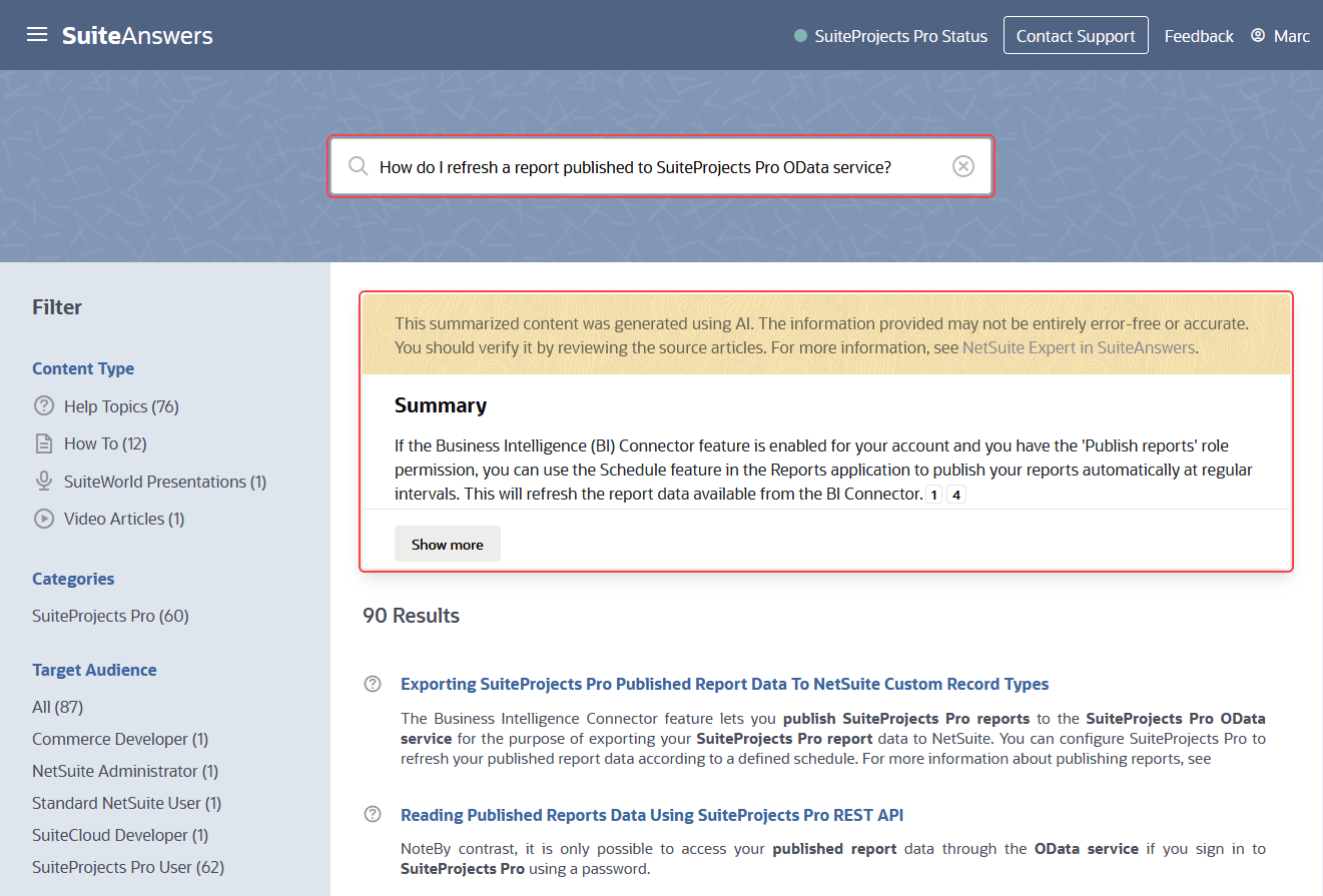 SuiteAnswers search results page with the search box and the AI-generated summary response highlighted.