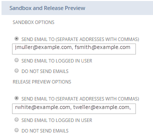 Sandbox and Release Preview subtab with Send Email To options selected.