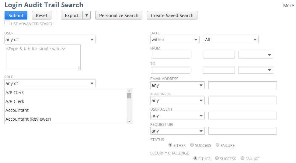 Login Audit Trail Search page with available filters.