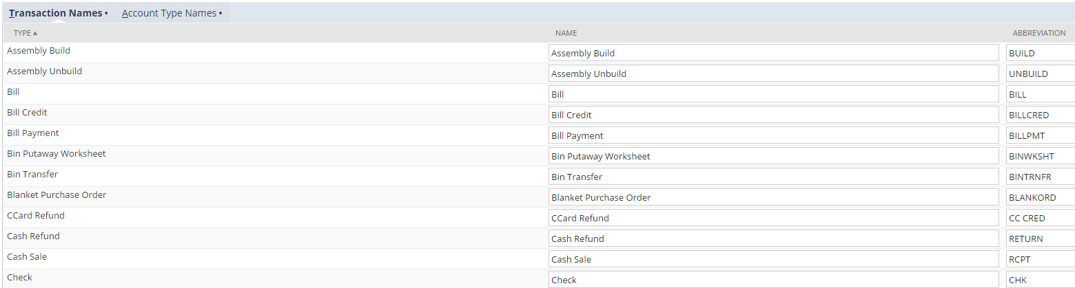 Transaction Names subtab