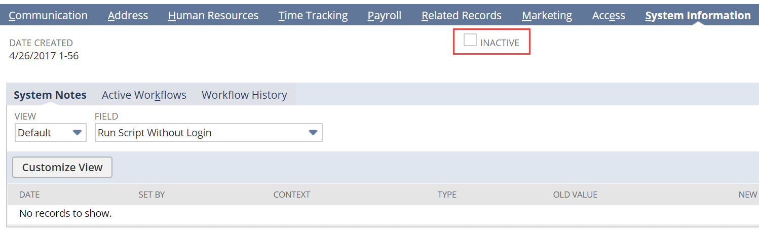 Inactive box on the System Information subtab.