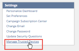 Manage Trusted Devices link in the Settings portlet.