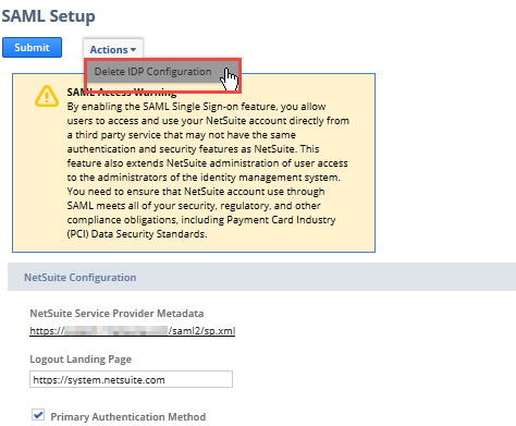 Delete IDP Configuration button on the SAML Setup page.
