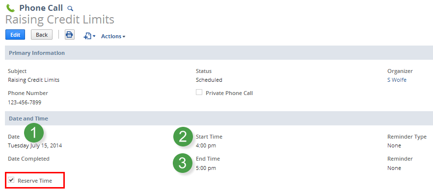 Date and time fields on the Phone Call page.