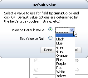 Default Value window with the Provide Default Value field options.