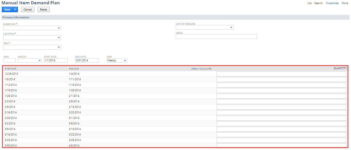 Sublist fields on the Weekly Item Demand Plan.