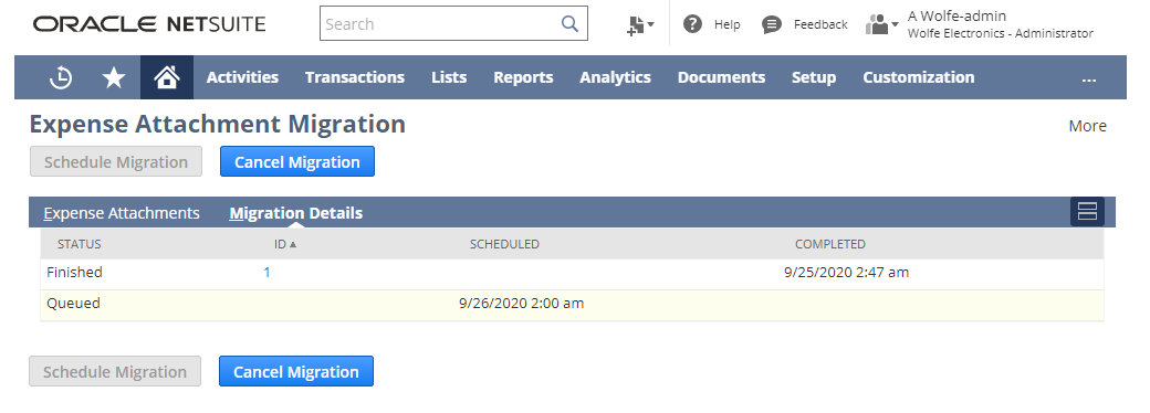 Migration Details subtab on the Expense Attachment Migration page.