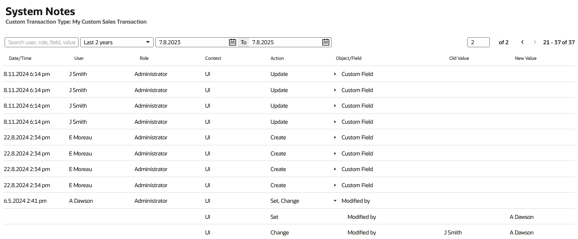 The System Notes v2 page with audit data grouped by action.