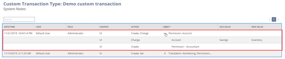 Sample Custom Transaction Type system notes v2 with create and change details outlined in red.
