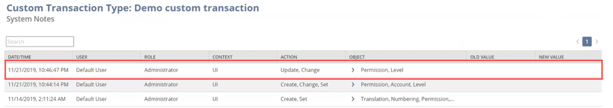 Sample Custom Transaction Type system notes v2 with an update action outlined in red.