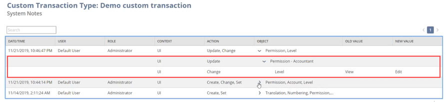 Sample Custom Transaction Type system notes v2 with a permission level change outlined in red.