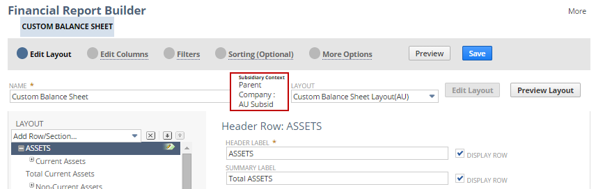 Screenshot of a portion of the Edit Layout page of the Financial Report Builder with the Subsidiary Context field outlined in red