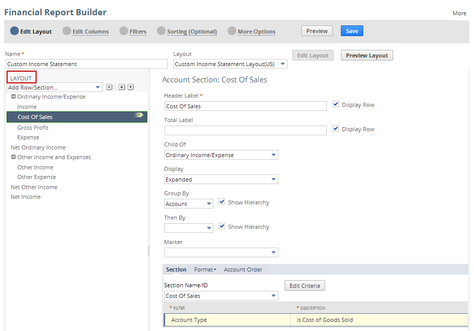 Screenshot of the Edit Layout page of the Financial Report Builder showing the order of the rows and sections