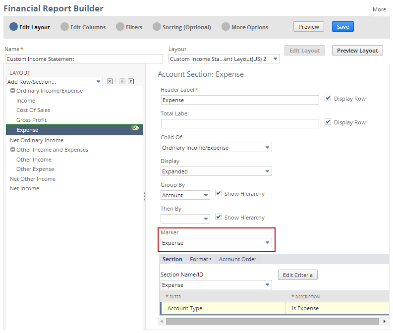 Screenshot of the Edit Columns page of the Financial Report Builder with the Marker field outlined and set to Expense