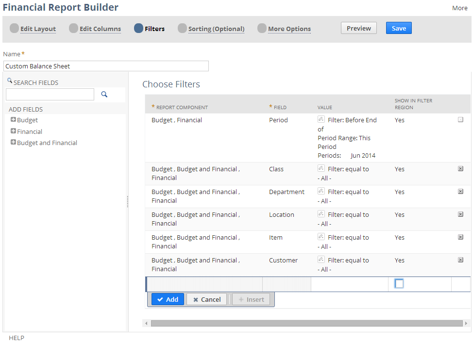 Screenshot of the Filters page of the Financial Report Builder