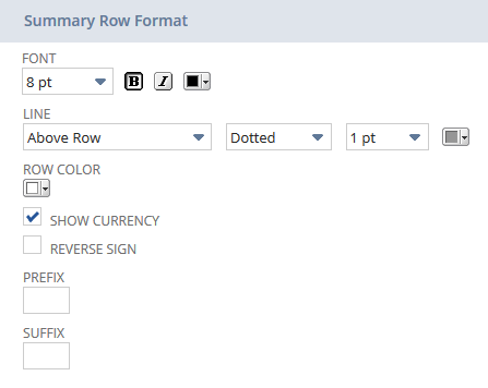 Screenshot showing format options for summary rows on the Edit Layout page of the Financial Report Builder
