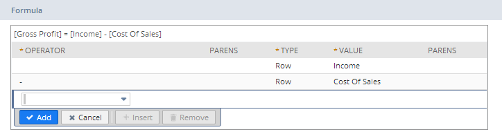 Screenshot showing the expression builder for a formula row on the Edity Layout page of the Financial Report Builder and an example to calculate gross profit
