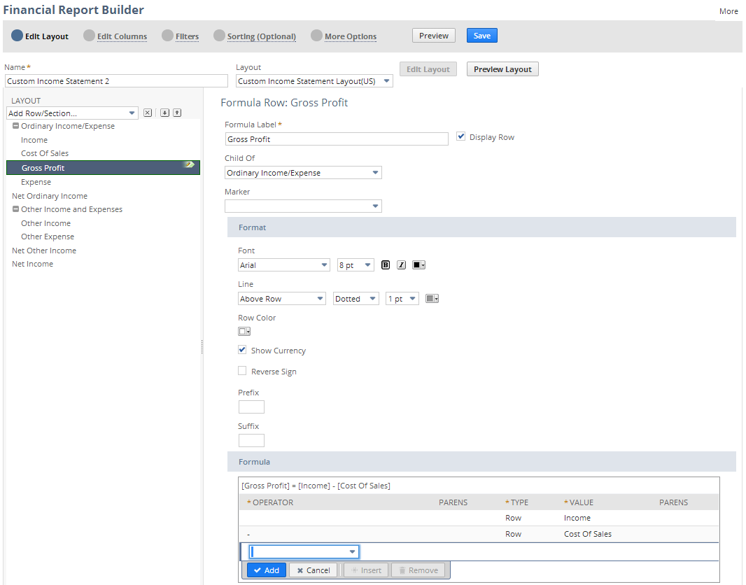 Screenshot showing where you edit formula rows on the Edit Layout page of the Financial Report Builder