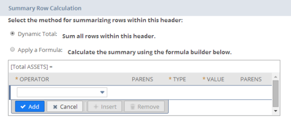 Screenshot showing the formula builder row for summary rows on the Edit Layout page of the Financial Report Builder