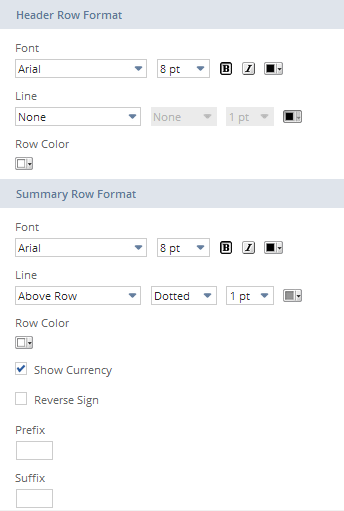 Screenshot showing format options for header and summary rows on the Edit Layout page of the Financial Report Builder