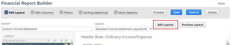 Screenshot of the Edit Layout page of the Financial Report Builder with the Edit Layout button outlined in red