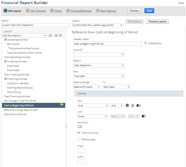 Screenshot showing the Reference Row fields on the Edit Layout page of the Financial Report Builder