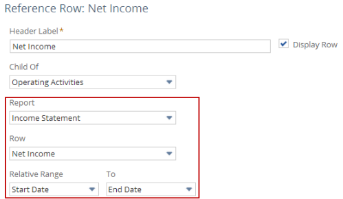 Screenshot of Reference Row fields on the Edit Layout page of the Financial Report Builder with the Report, Row, and Relative Range date fields outlined in red