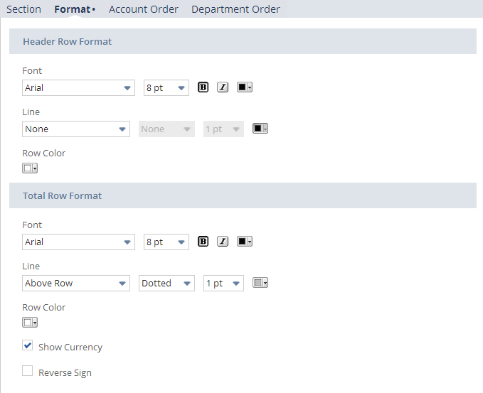 Screenshot showing the Format subtab of the Edit Layout page, and its fields, for the Financial Report Builder