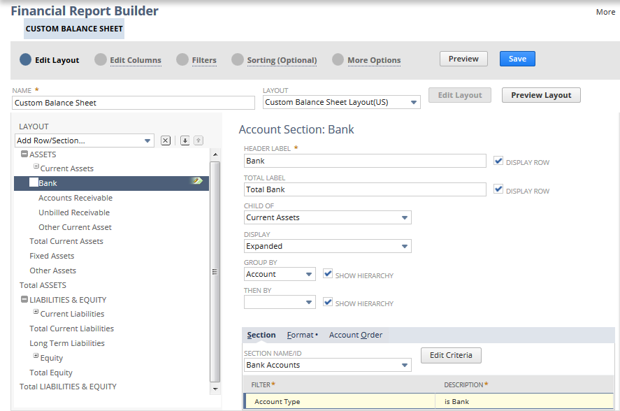Screenshot showing the Bank section in edit mode on the Edit Layout page of the Financial Report Builder