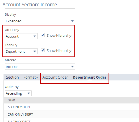 Screenshot showing Group By field and Account Order subtab on the Edit Layout page of the Financial Report Builder